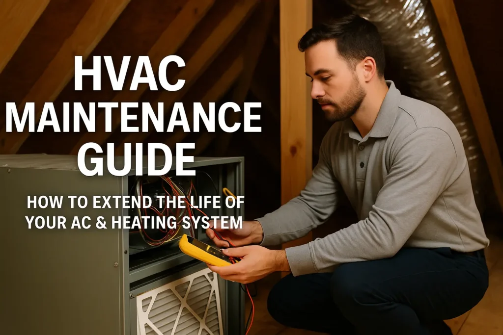 Professional HVAC technician inspecting an air conditioning and heating unit during maintenance to improve efficiency and extend system life.