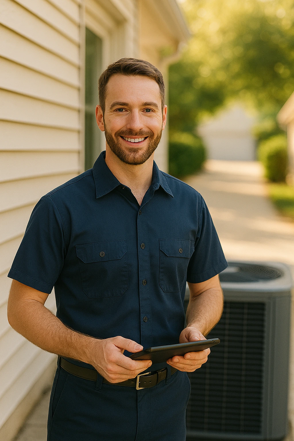 Professional HVAC technician smiling with clipboard next to residential AC unit - RapidFlow HVAC